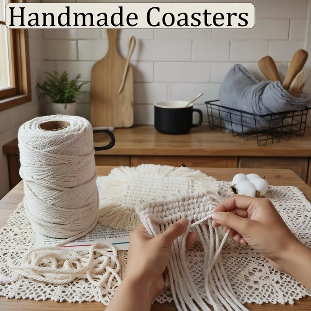 Alt view image 6 of 7 - Boho Macrame Coasters Set of 2, 6.3in Round Handmade Woven Absorbent Drink Coasters, Boho Home Decor, Office Desk, Kitchen, Dining Room, Bar (S-Beige)