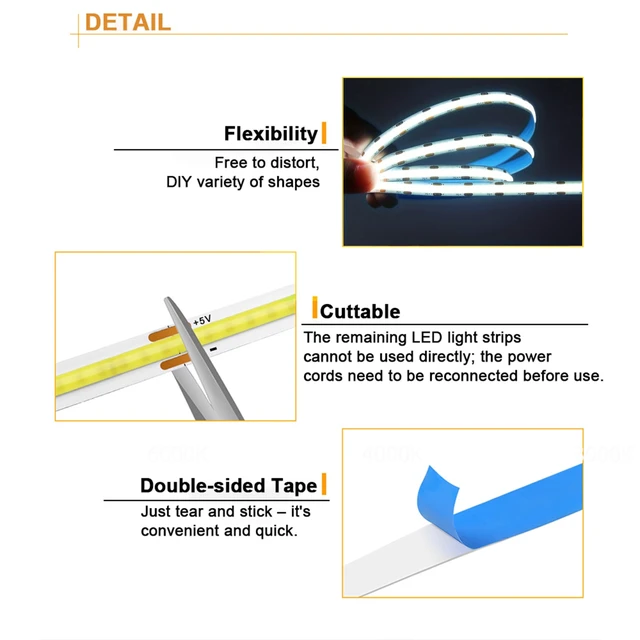 Alt view image 4 of 7 - 5V USB COB LED Strip Light 3.28FT, 3-Key, White, Flexible, Bright for Under Cabinet, Kitchen, TV Backlight, Shelves, Displays