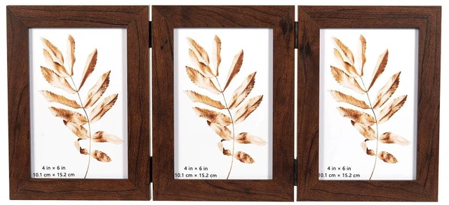 Main image of Brown Double Picture Frame 6x4 (10x15cm), Holds 3 Photos, Freestanding, Twin Hinged, Glass Front, Vertical Desktop Stand