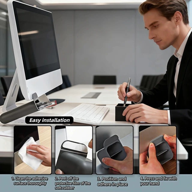 Alt view image 5 of 7 - 3-Pack Adhesive Sticky Desk Organizer, Monitor Side Storage, Multifunctional Pen Holder for Stationery, Jewelry, Remote Control, Space Saving Grey PP for Office Home