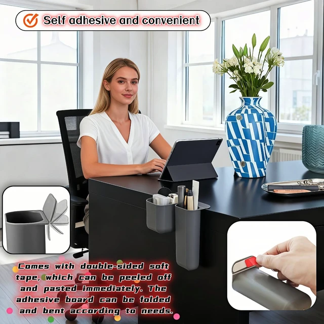 Alt view image 4 of 7 - 3-Pack Adhesive Sticky Desk Organizer, Monitor Side Storage, Multifunctional Pen Holder for Stationery, Jewelry, Remote Control, Space Saving Grey PP for Office Home