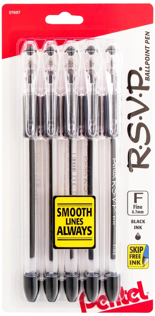 Main image of Pentel RSVP Ballpoint Pen 0.7mm Fine Line Black Ink 5-Pack (BK90PF5A)