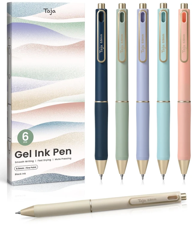 Main image of Taja Gel Pens 6 Pcs, 0.5mm Fine Point Quick Dry Black Ink, Pastel