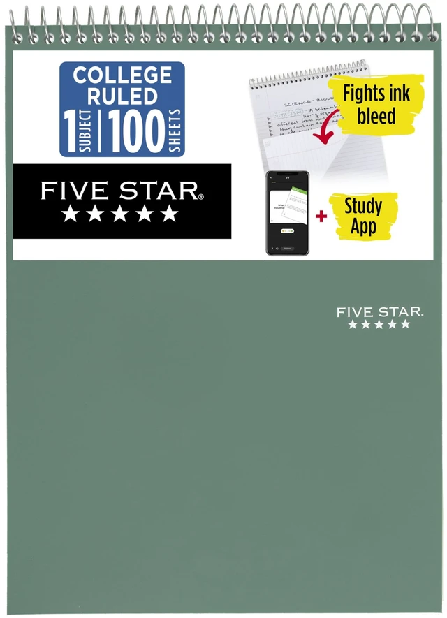 Main image of Five Star 820058C-ECM Top Spiral Notebook, 1 Subject, College Ruled, 8-1/2"x11", 100 Sheets, Seaglass Green, Study App, Water Resistant Cover, Fights Ink Bleed