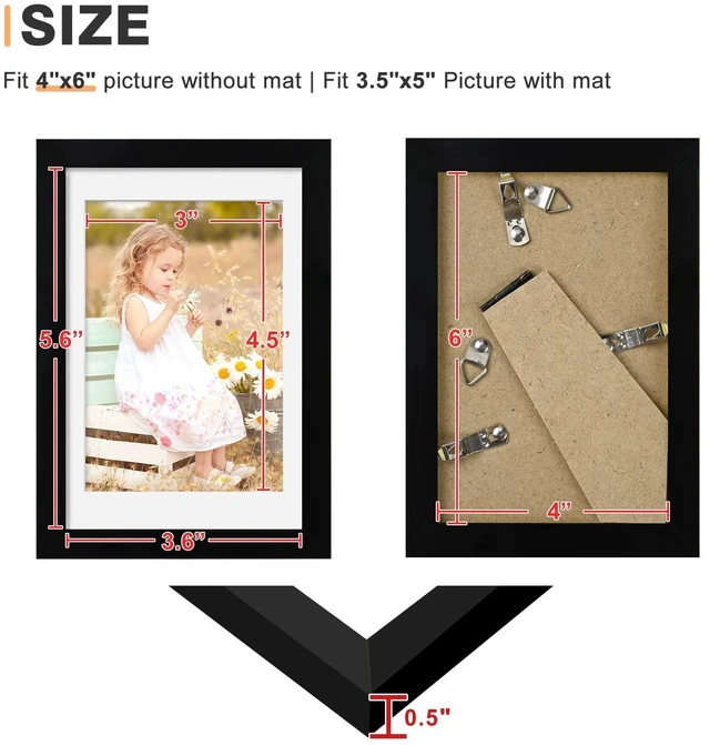 Alt view image 3 of 7 - SHOWIN 4x6 Picture Frame Black, 1 Pack for 3.5x5 Photos with Mat or 4x6 without Mat, Wall or Tabletop Display