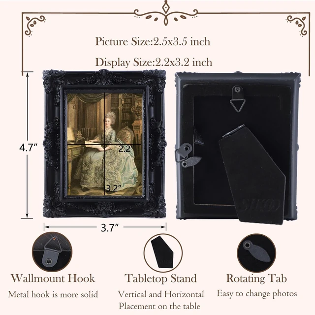 Alt view image 2 of 6 - SIKOO 2.5x3.5 Vintage Antique Ornate Picture Frames with Glass Front for Tabletop Wall Hanging, Black Vintage Gallery Wall Decor