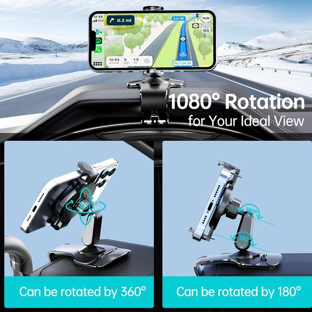 Alt view image 2 of 6 - 360 Rotation Universal Dashboard Car Phone Mount, Hands-Free Clip Holder Stand Compatible with iPhone Android (Black)