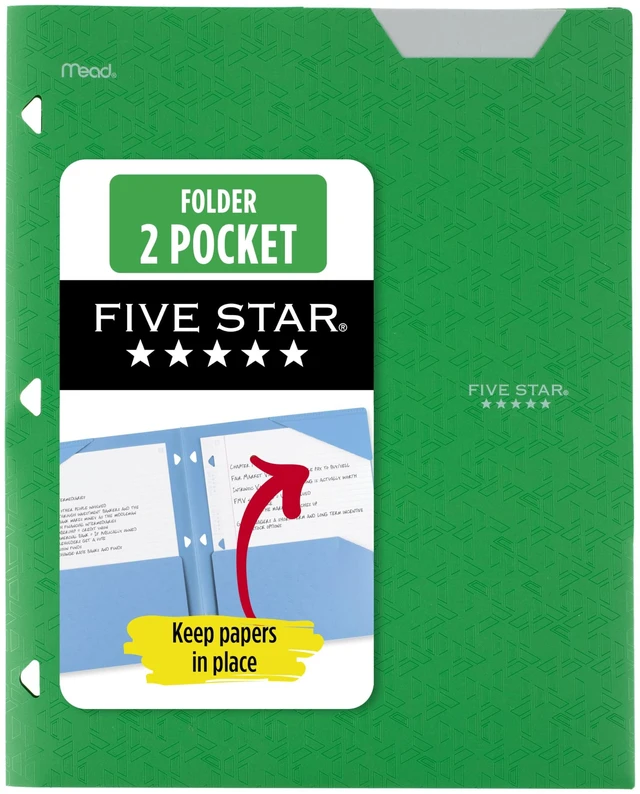 Main image of Five Star 2-Pocket Plastic Folder with Stay-Put Tabs, Fits 3-Ring Binder, Holds 8-1/2" x 11" Paper, Forest Green (333420E-ECM)