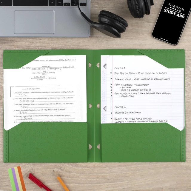 Alt view image 4 of 6 - Five Star 2-Pocket Plastic Folder with Stay-Put Tabs, Fits 3-Ring Binder, Holds 8-1/2" x 11" Paper, Forest Green (333420E-ECM)