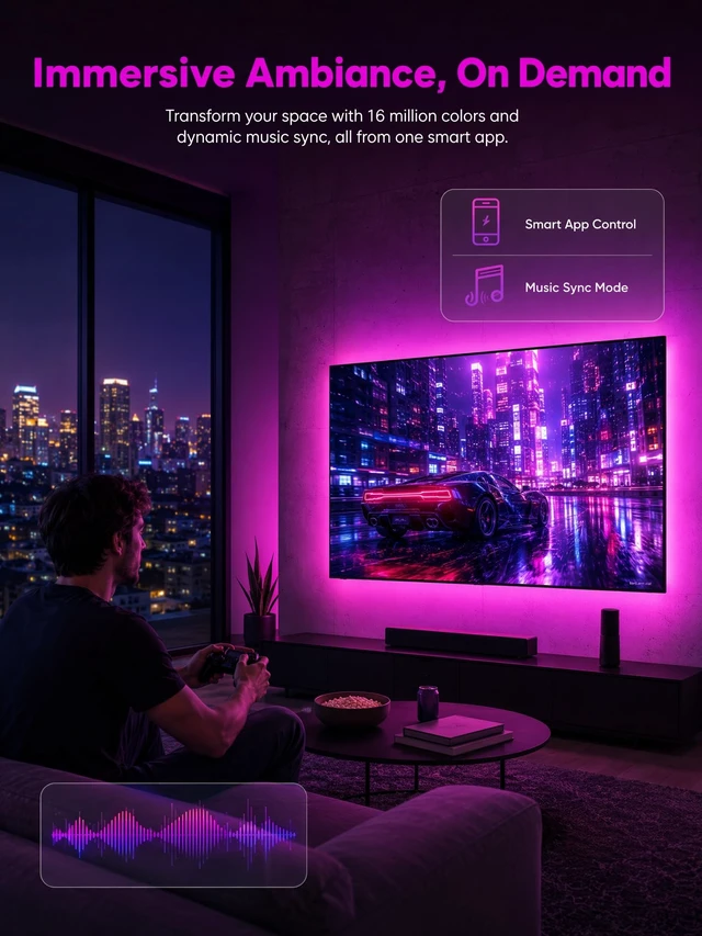Alt view image 3 of 6 - Daymeet Dreamcolor Music Sync RGB LED Strip Lights 9.84ft for 32-43in TV, APP Remote Control, Color Changing, Home Gaming Room & Xmas Decor