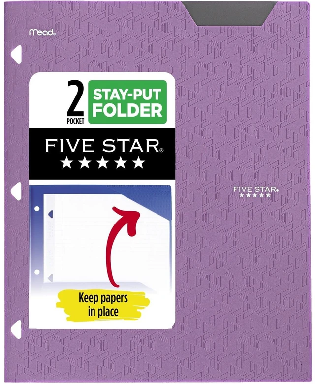 Main image of Five Star 333420I-ECM 2-Pocket Plastic Folder with Stay-Put Tabs, Fits 3-Ring Binder, Holds 8.5" x 11" Paper, Amethyst Purple