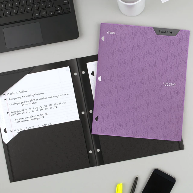 Alt view image 6 of 6 - Five Star 333420I-ECM 2-Pocket Plastic Folder with Stay-Put Tabs, Fits 3-Ring Binder, Holds 8.5" x 11" Paper, Amethyst Purple