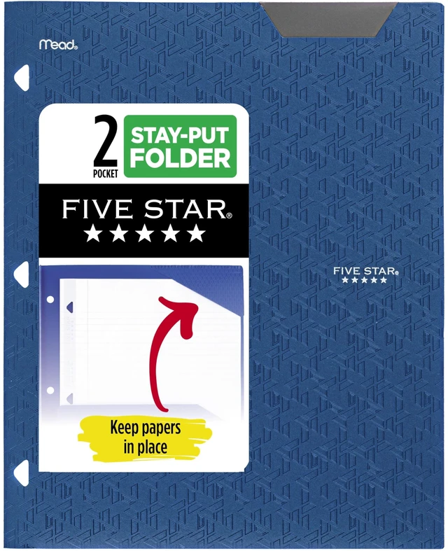 Main image of Five Star 2-Pocket Plastic Folder with Stay-Put Tabs, Fits 3-Ring Binder, Holds 8.5" x 11" Paper, Pacific Blue (333420C-ECM)