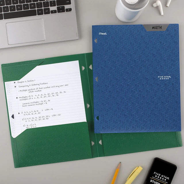 Alt view image 4 of 6 - Five Star 2-Pocket Plastic Folder with Stay-Put Tabs, Fits 3-Ring Binder, Holds 8.5" x 11" Paper, Pacific Blue (333420C-ECM)