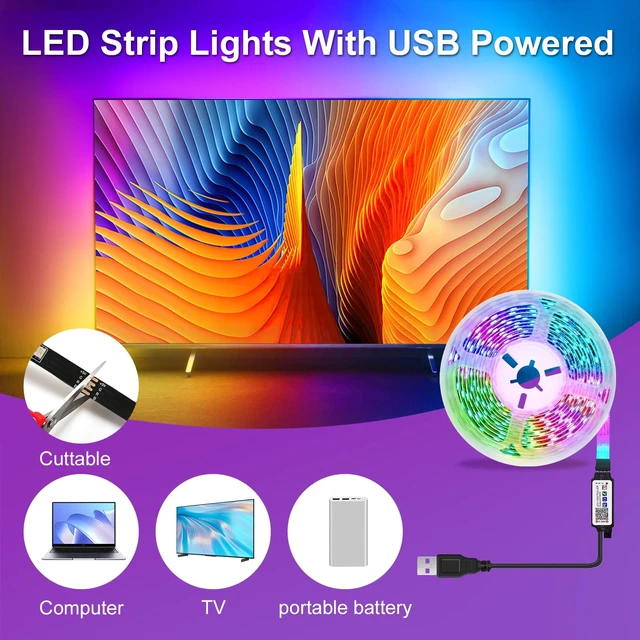 Alt view image 2 of 6 - 8ft Smart RGB Music Sync LED Strip Lights, Bluetooth App & Remote Control, USB-Powered for TV, Gaming, Bedroom, PC, Home Theater