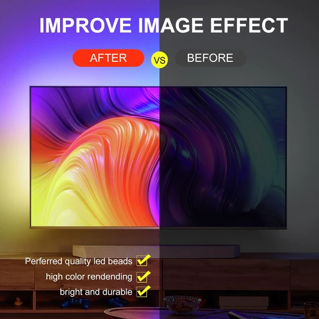 Alt view image 3 of 6 - 8ft Smart RGB Music Sync LED Strip Lights, Bluetooth App & Remote Control, USB-Powered for TV, Gaming, Bedroom, PC, Home Theater