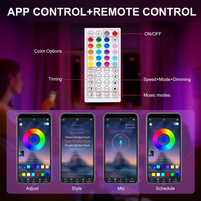 Alt view image 5 of 6 - 8ft Smart RGB Music Sync LED Strip Lights, Bluetooth App & Remote Control, USB-Powered for TV, Gaming, Bedroom, PC, Home Theater