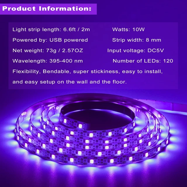 Alt view image 6 of 7 - 6ft Black Light LED Strips, 120 Lamp Beads, USB Cable 1.5m, DC5V 10W