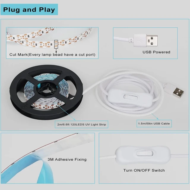 Alt view image 4 of 7 - 6ft Black Light LED Strips, 120 Lamp Beads, USB Cable 1.5m, DC5V 10W