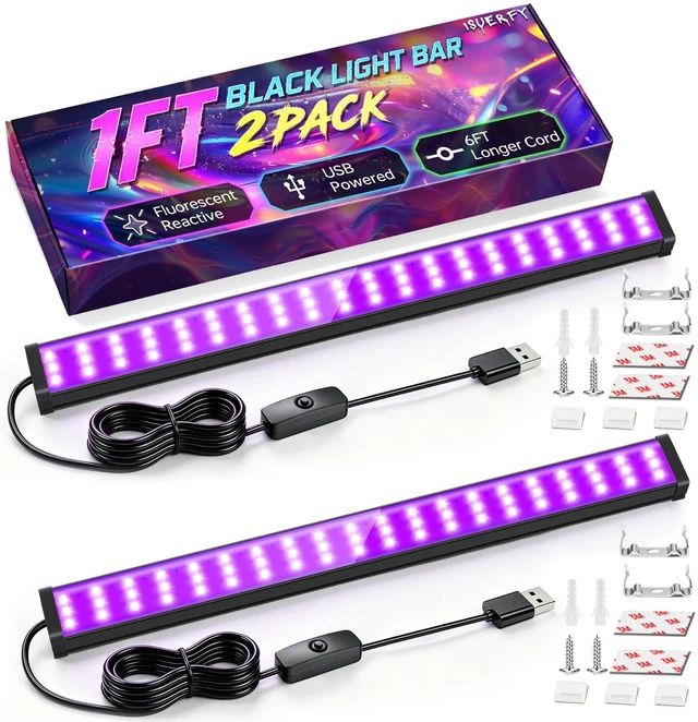 Main image of Black Light Bar 1ft, 385-400nm, 6ft USB Cord, 2 Pack, for Uranium Glass