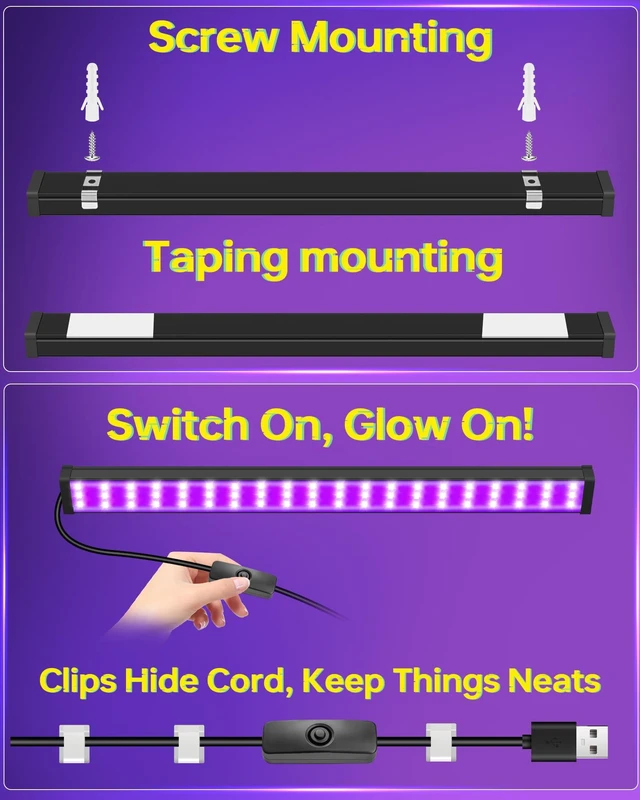 Alt view image 3 of 6 - Black Light Bar 1ft, 385-400nm, 6ft USB Cord, 2 Pack, for Uranium Glass