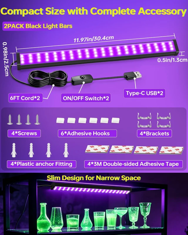 Alt view image 2 of 6 - Black Light Bar 1ft, 385-400nm, 6ft USB Cord, 2 Pack, for Uranium Glass