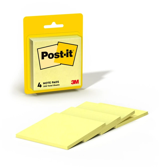 Main image of Post-it Notes, 3in x 3in, 4 Pads, 50 Sheets per Pad, Canary Yellow, School & Office Supplies