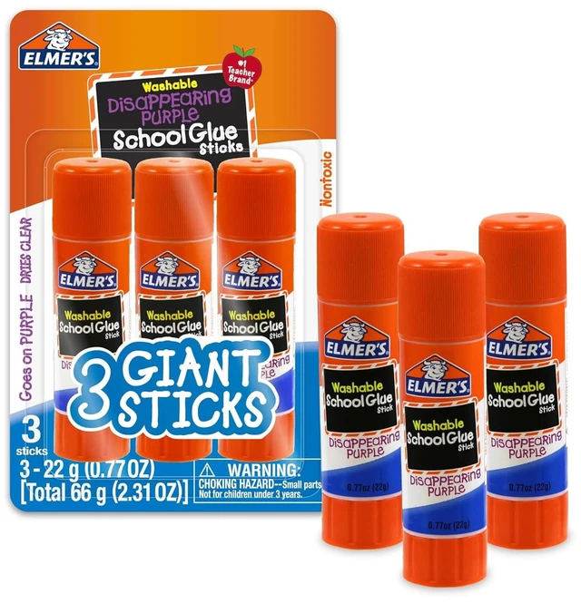Main image of Elmer's Disappearing Purple School Glue Sticks, Washable, 22 Grams, 3 Count, Poster, Vision Board, Back to School Supplies, #1 Teacher Brand
