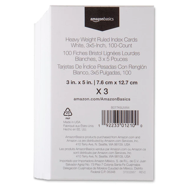 Alt view image 2 of 7 - Amazon Basics Heavy Weight Ruled Index Cards, White, 3" x 5", 300 Count (Pack of 3)