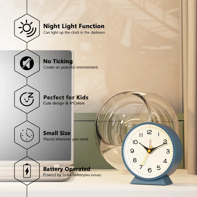 Alt view image 2 of 7 - AYRELY 4.5" Analog Alarm Clock, Small Retro Desk and Table Clock