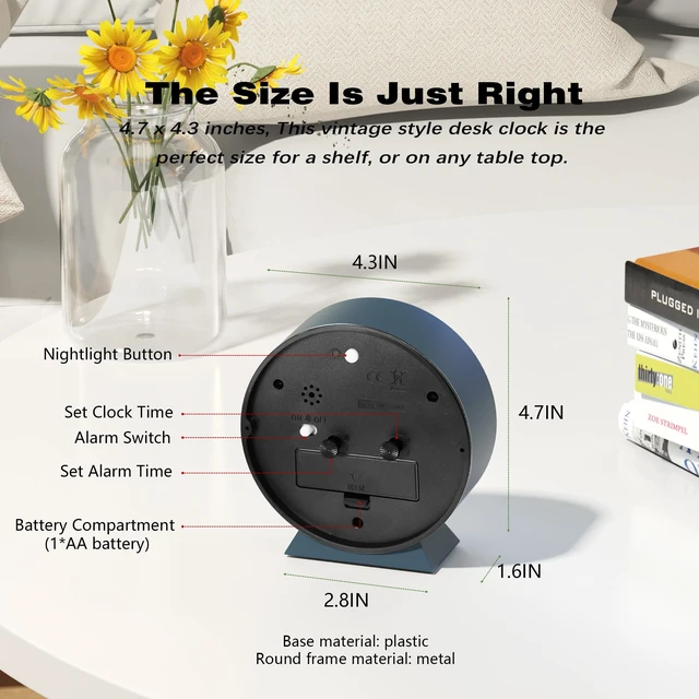 Alt view image 4 of 7 - AYRELY 4.5" Analog Alarm Clock, Small Retro Desk and Table Clock