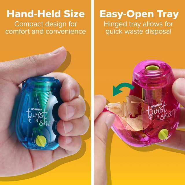 Alt view image 6 of 6 - Bostitch Office Twist-n-Sharp Manual Pencil Sharpener, One Assorted Color, for Kids, Boys, Girls, Colored Pencils, 1 Pack