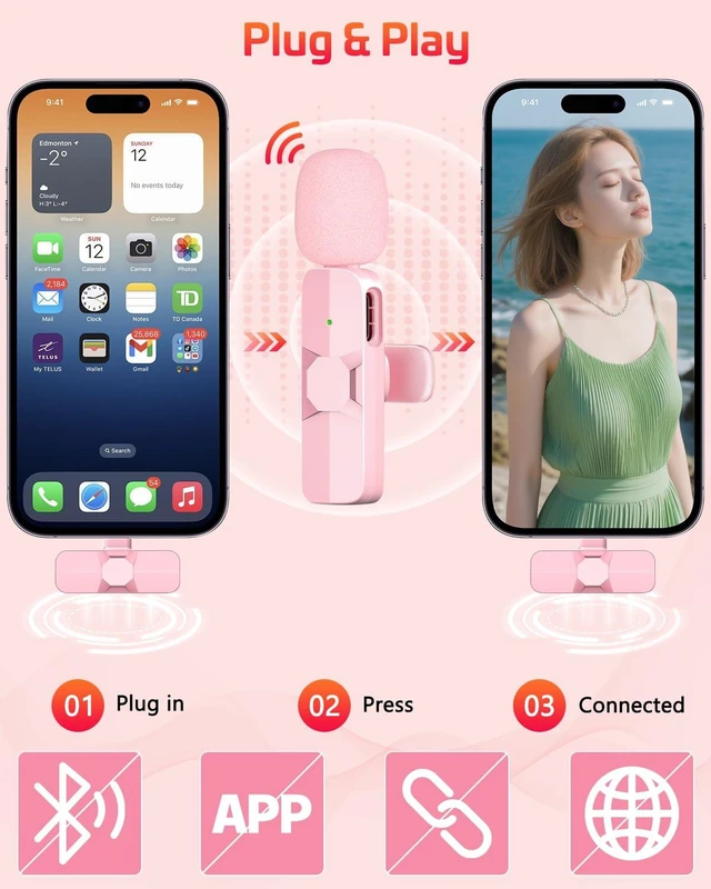 Alt view image 3 of 6 - Wireless Lavalier Microphone Pink Mini Clip-On with Noise Cancellation, 65ft Range, 8H Battery, USB-C/Lightning for iPhone and Android, TikTok, YouTube, Podcast, Live Str