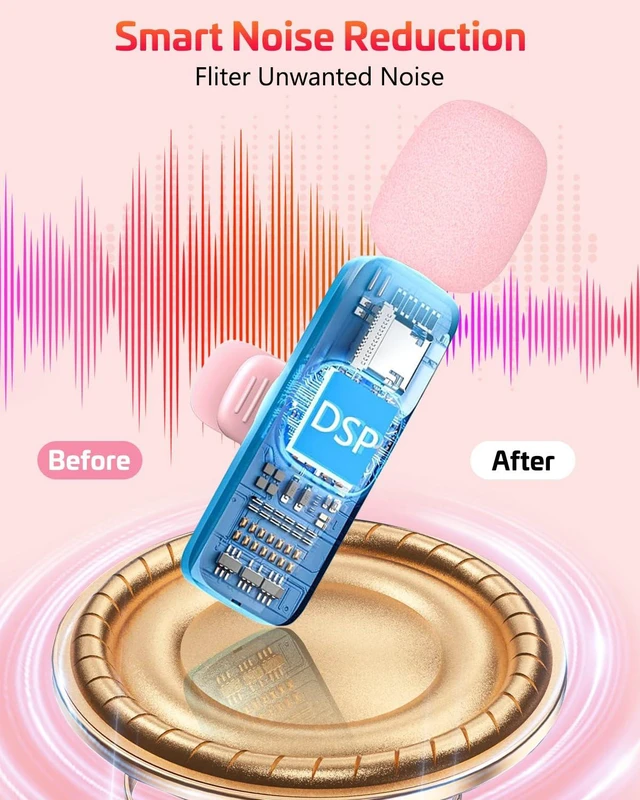Alt view image 5 of 6 - Wireless Lavalier Microphone Pink Mini Clip-On with Noise Cancellation, 65ft Range, 8H Battery, USB-C/Lightning for iPhone and Android, TikTok, YouTube, Podcast, Live Str