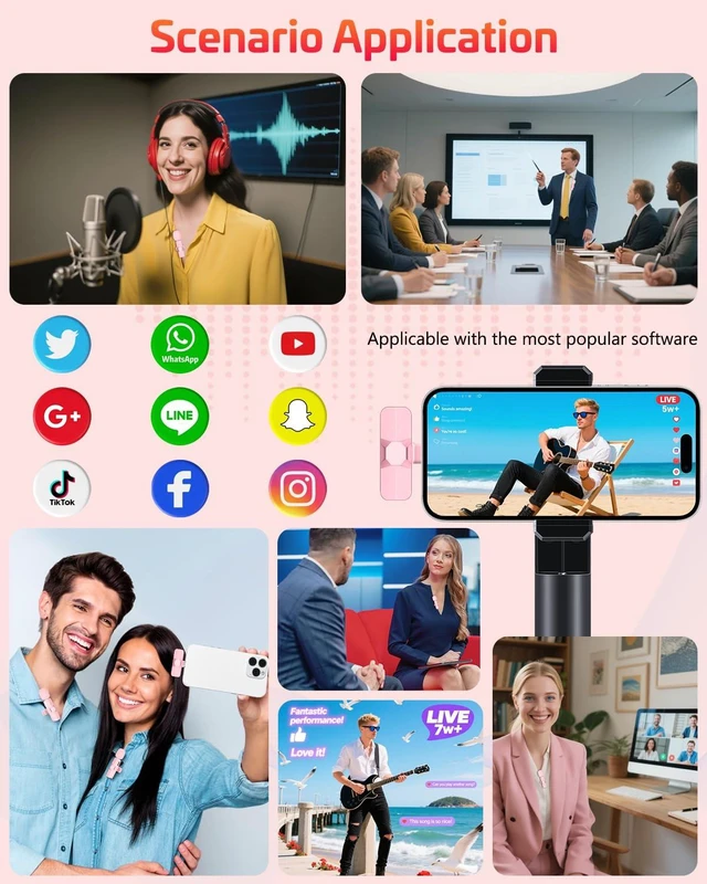 Alt view image 2 of 6 - Wireless Lavalier Microphone Pink Mini Clip-On with Noise Cancellation, 65ft Range, 8H Battery, USB-C/Lightning for iPhone and Android, TikTok, YouTube, Podcast, Live Str