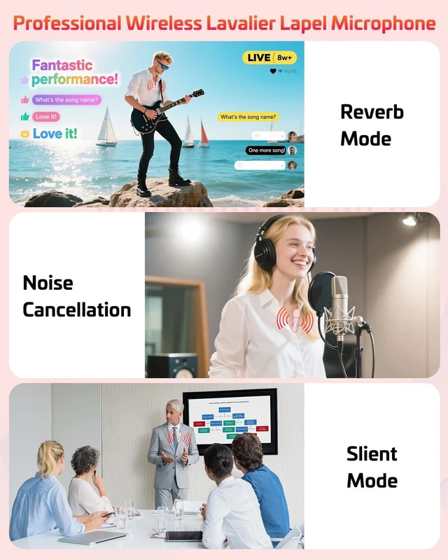 Alt view image 6 of 6 - Wireless Lavalier Microphone Pink Mini Clip-On with Noise Cancellation, 65ft Range, 8H Battery, USB-C/Lightning for iPhone and Android, TikTok, YouTube, Podcast, Live Str