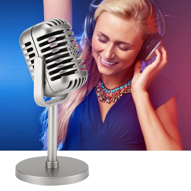 Alt view image 5 of 7 - Facmogu Retro Microphone Prop with Stand, Silver Fake Mic Decor for Party