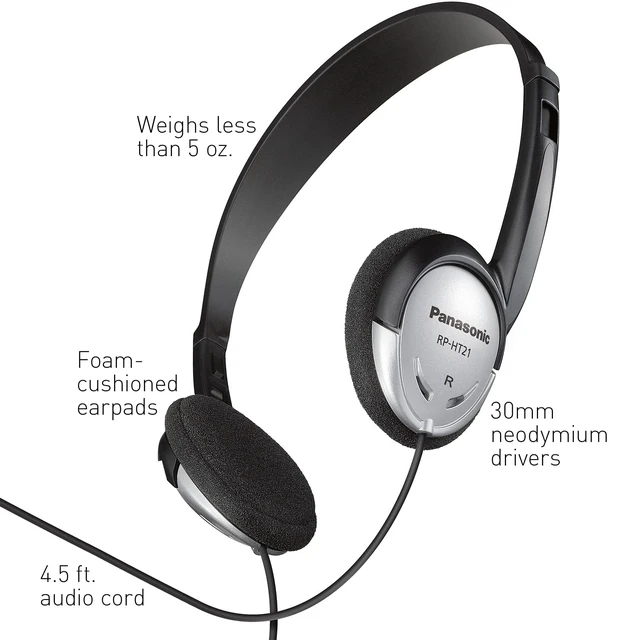 Alt view image 5 of 6 - Panasonic RP-HT21 On-Ear Lightweight Headphones, XBS, Black & Silver