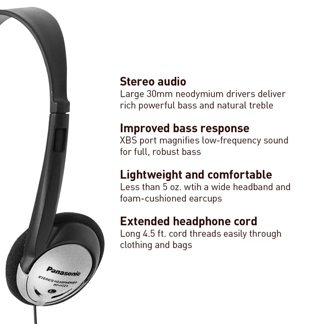 Alt view image 4 of 6 - Panasonic RP-HT21 On-Ear Lightweight Headphones, XBS, Black & Silver