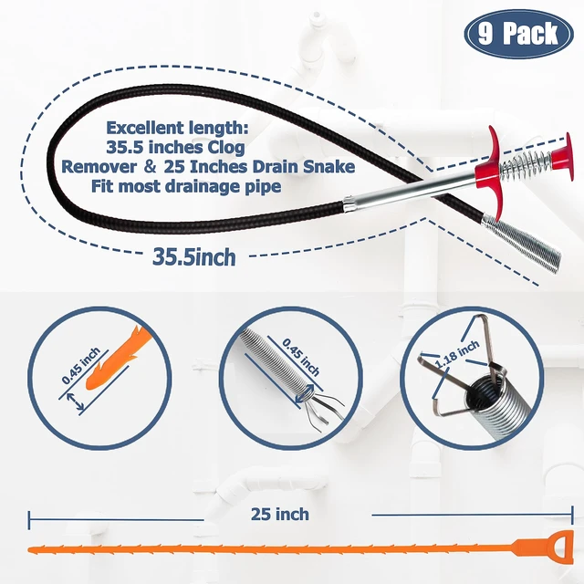 Alt view image 3 of 6 - Drain Snake Hair Clog Remover Tool Set - 9-Pack Deep Cleaning Kit