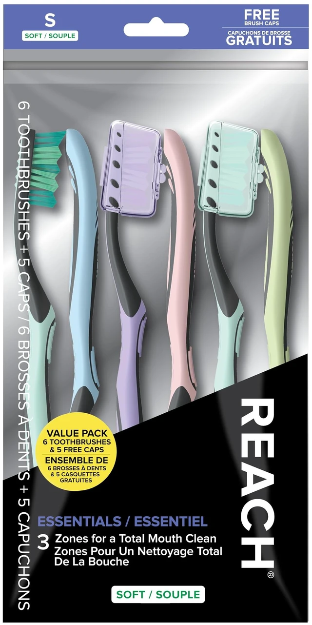 Main image of Reach Essentials Soft Toothbrushes with Toothbrush Caps, 6Count