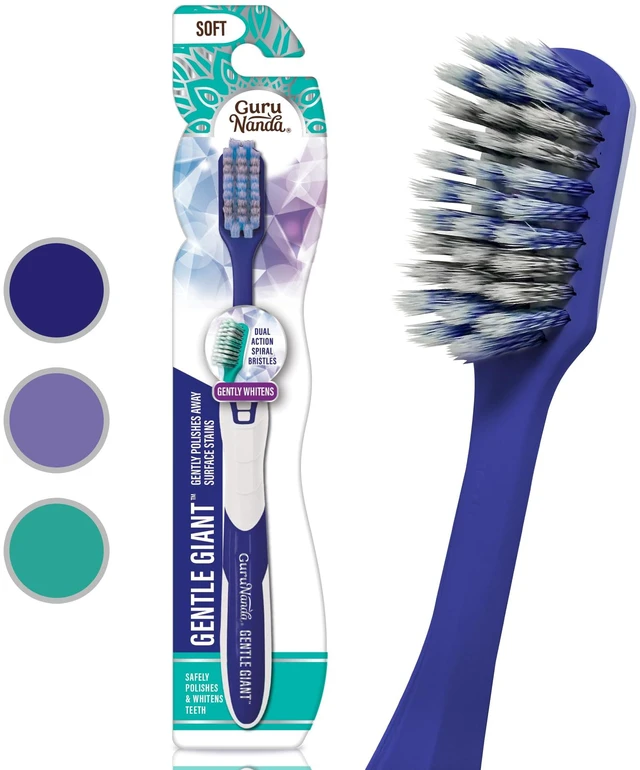 Main image of GuruNanda Gentle Giant Toothbrush, Dual Action Flossing Spiral Bristles, Non-Slip Ergo Dexa Grip, Helps in Teeth Whitening, BPA Free, 1 Count