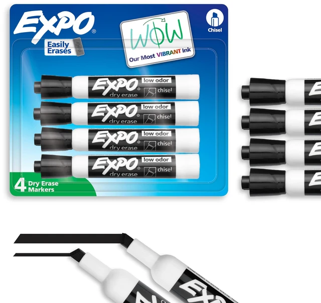 Main image of EXPO Dry Erase Markers, Low Odor Ink, Black, Chisel Tip, 4 Count - Whiteboard, Calendar, Organization, Office, School, Classroom, Teachers