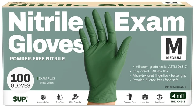 Main image of Nitrile+ SUP Exam Plus Powder-Free Disposable Gloves, Moss Green, 100 Count