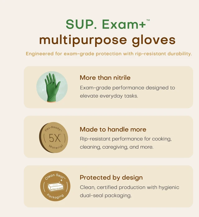Alt view image 5 of 6 - Nitrile+ SUP Exam Plus Powder-Free Disposable Gloves, Moss Green, 100 Count