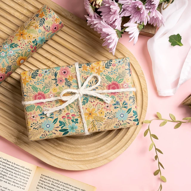 Alt view image 3 of 6 - WRAPAHOLIC Kraft Floral Wrapping Paper Mini Roll - 17in x 9.8ft - Spring Summer Garden Flower Design for Wedding, Bridal Shower, Birthday