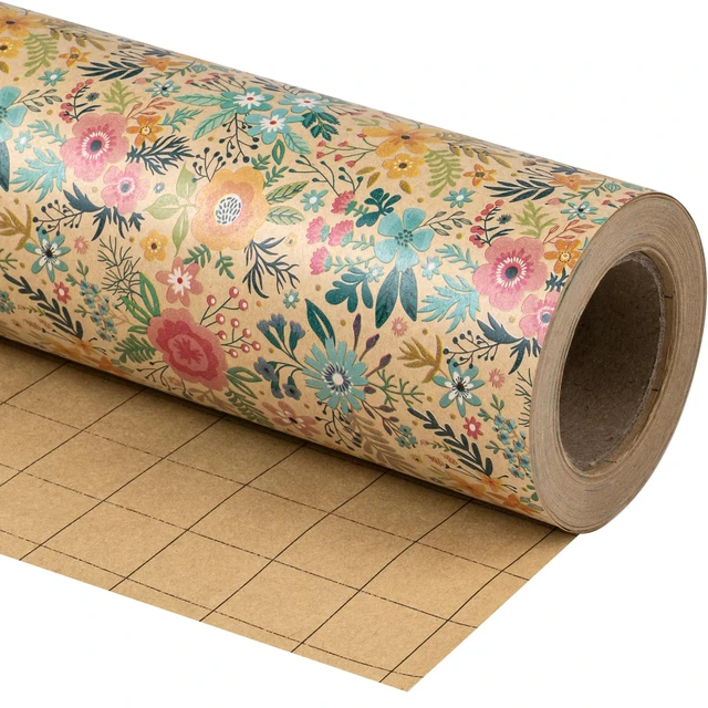 Alt view image 2 of 6 - WRAPAHOLIC Kraft Floral Wrapping Paper Mini Roll - 17in x 9.8ft - Spring Summer Garden Flower Design for Wedding, Bridal Shower, Birthday
