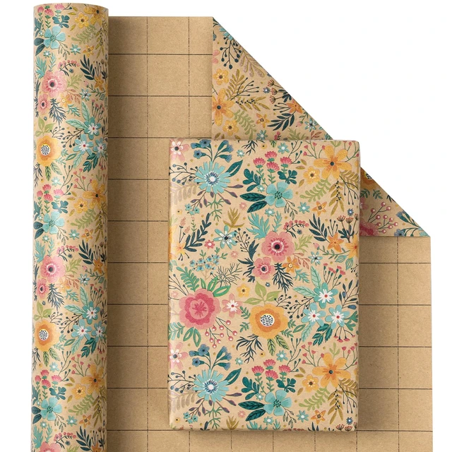 Alt view image 6 of 6 - WRAPAHOLIC Kraft Floral Wrapping Paper Mini Roll - 17in x 9.8ft - Spring Summer Garden Flower Design for Wedding, Bridal Shower, Birthday