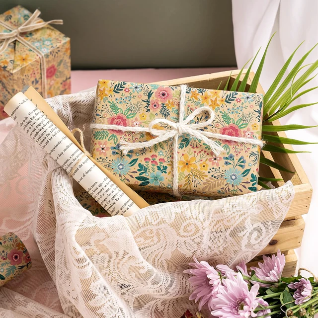 Alt view image 4 of 6 - WRAPAHOLIC Kraft Floral Wrapping Paper Mini Roll - 17in x 9.8ft - Spring Summer Garden Flower Design for Wedding, Bridal Shower, Birthday
