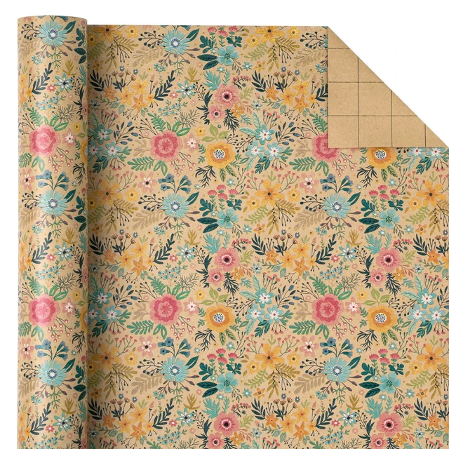 Alt view image 5 of 6 - WRAPAHOLIC Kraft Floral Wrapping Paper Mini Roll - 17in x 9.8ft - Spring Summer Garden Flower Design for Wedding, Bridal Shower, Birthday